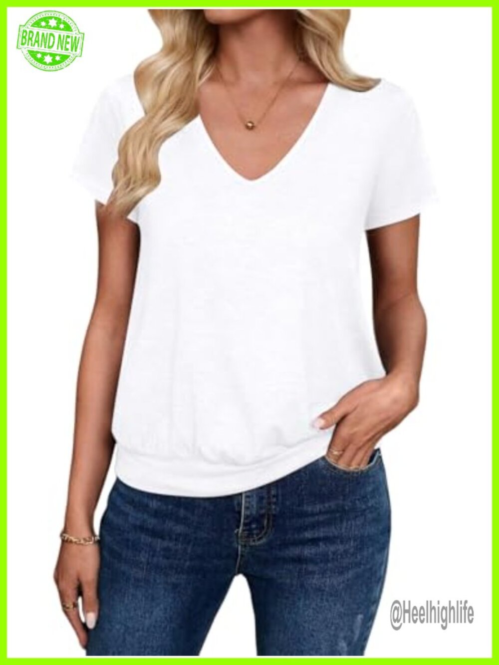Short Sleeve V Neck Banded Bottom Top Casual Loose Tee